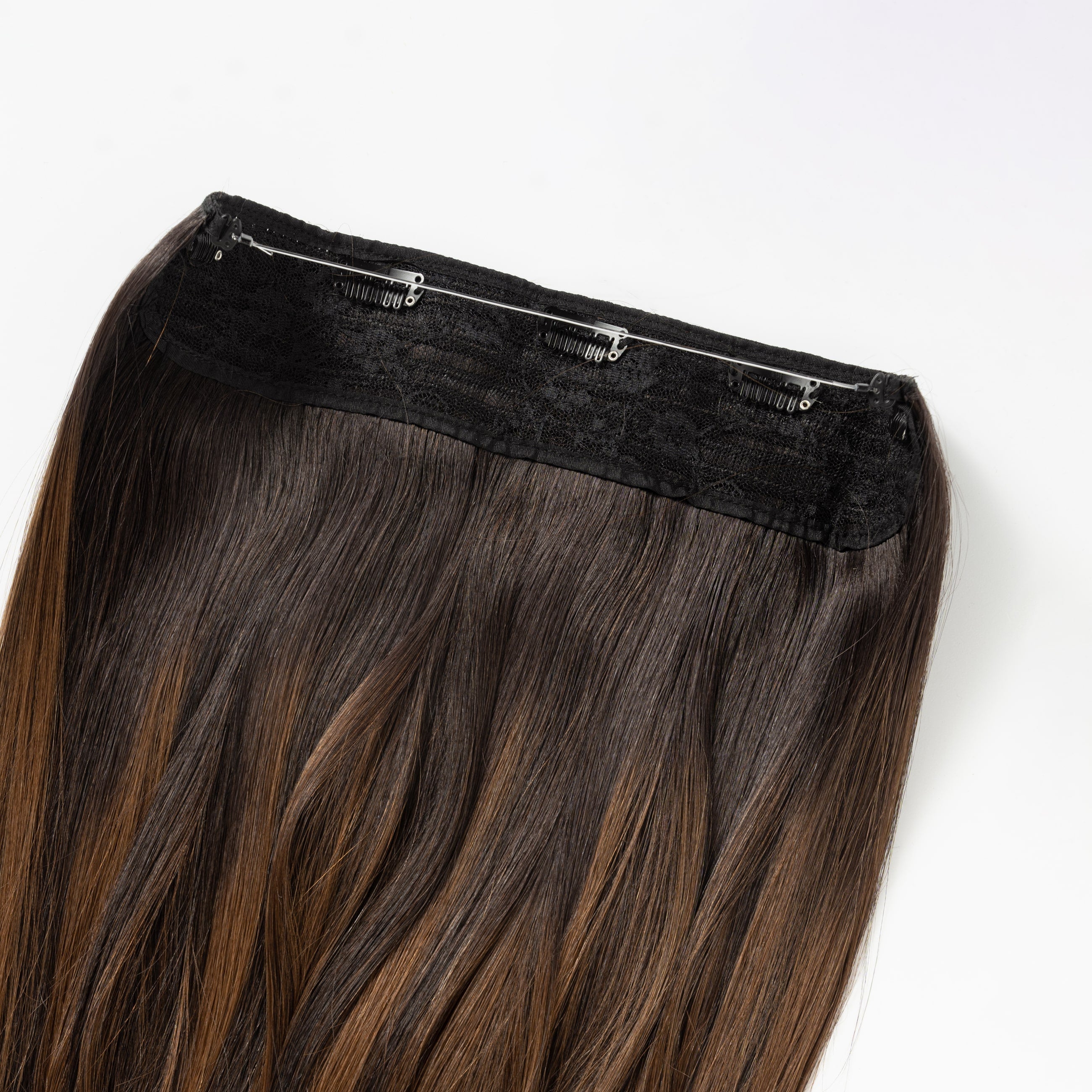 Halo hair extensions - Dark Chocolate Brown Balayage 1A+4